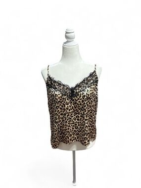 Leopard Lace Trim Satin Cami Top - Brown